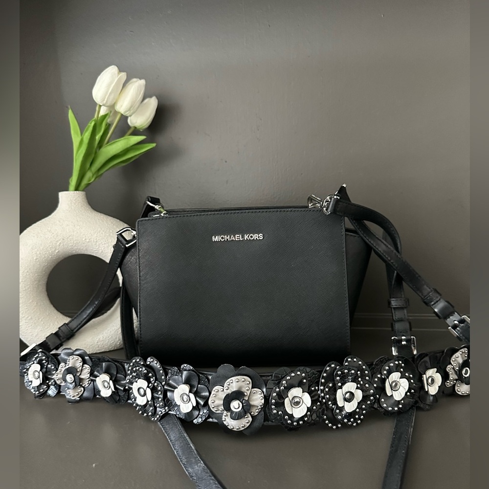Micheal Kors Black Flower Studded Strap w/ Silver Hardware